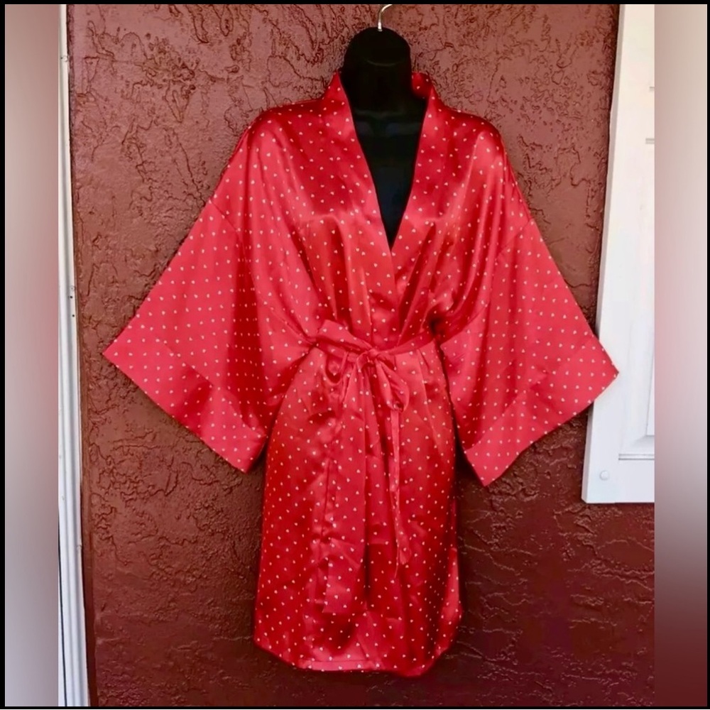 VICTORIA'S SECRET Kimono Robe Red w/ White Hearts Medium silky soft sexy love